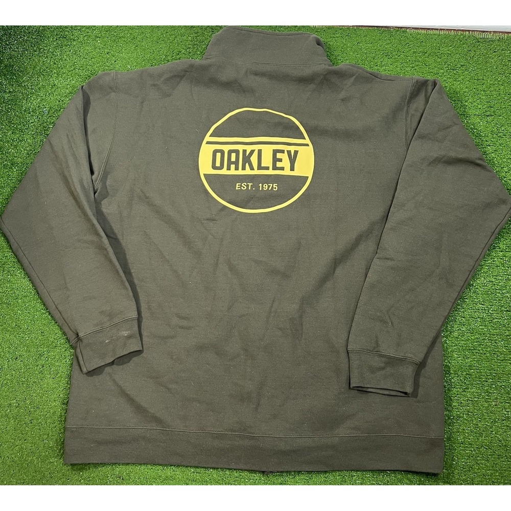 Y2K Oakley Sweatshirt XL Olive Drab Yellow Full Zip Fleece Jacket Mock‎ Neck EUC
